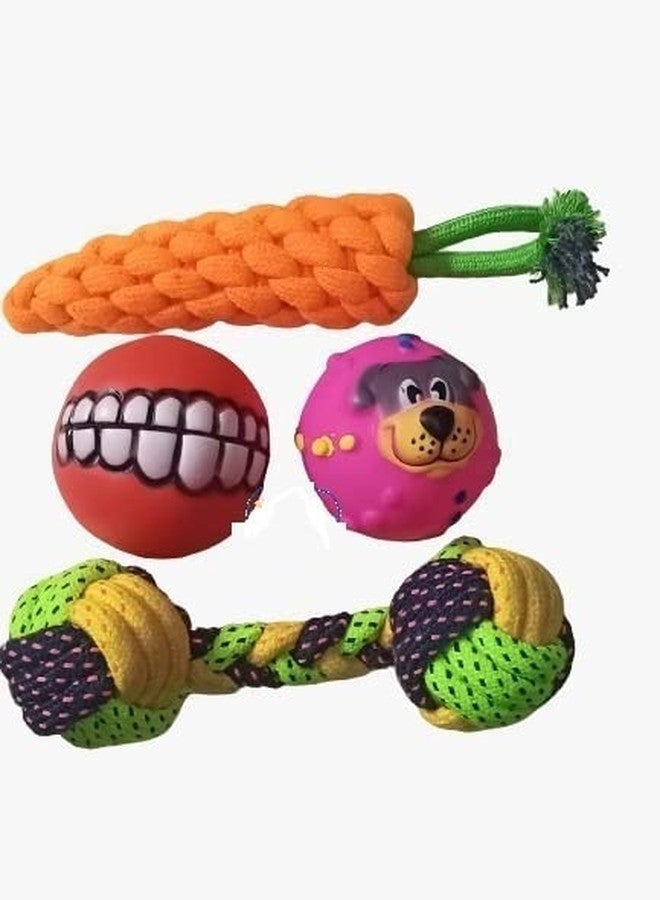 Pet Believe Puppy and Dogs Chew Rope Squeaky Teething Toys | Carrot | Rope Dumbbell | Smily Ball | Squeaky Face Ball, Combo (Pack of 4) - Image 1